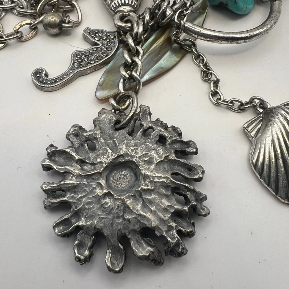 Chico's seahorse, jadeite, seashell long pendant silver tone necklace